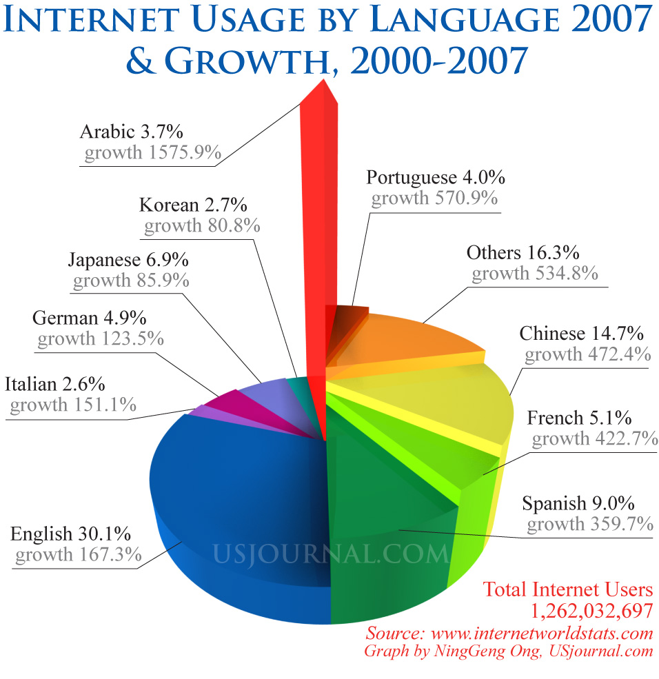 Global Internet Usage by Language 2007, and Growth from 2000 to 2007