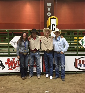 Rebecca as an intern, with her college coach and the two 2017 College
National Finals Rodeo contestants from Mesalands Community College